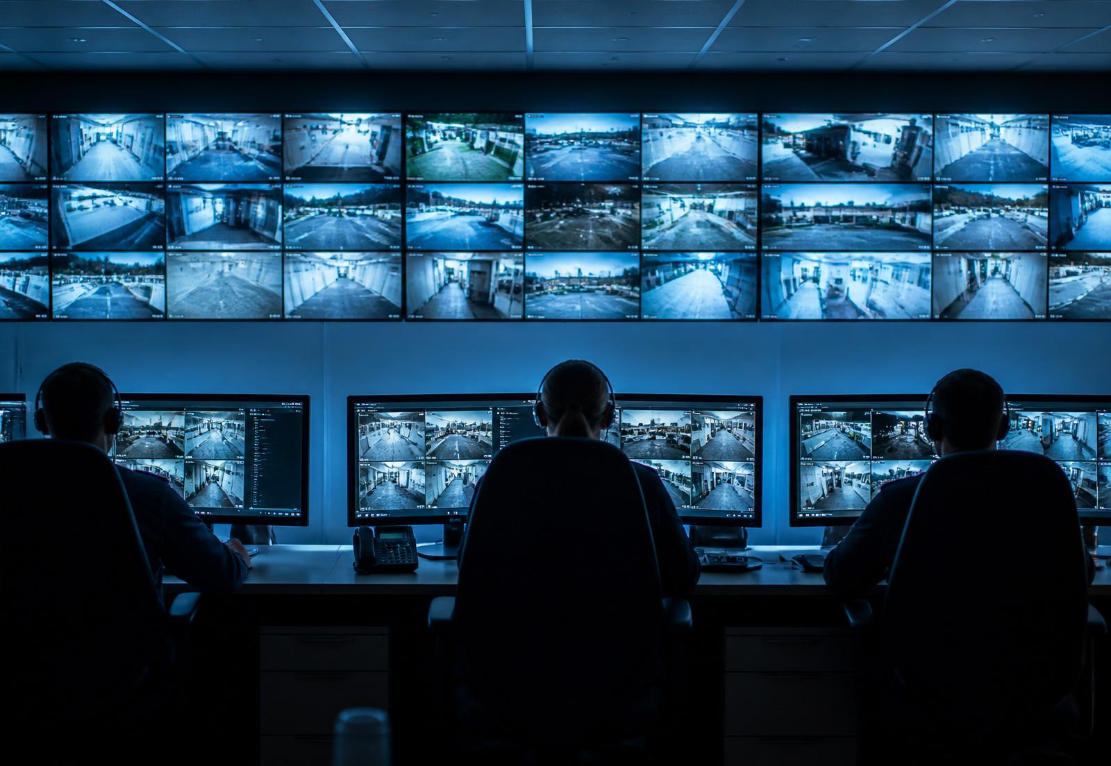 Operators in a commercial alarm receiving centre monitoring live CCTV feeds across multiple sites.